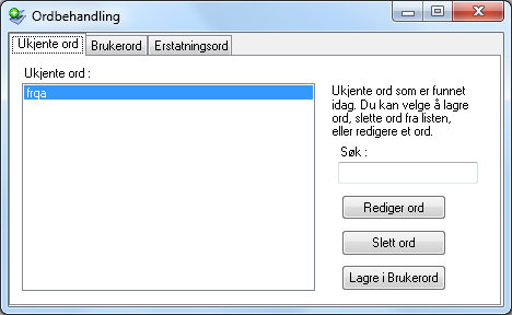 9. Behandle ordlister og eksportere brukerdata Via Textpilot-menyens valg Ordbehandling kan du få tilgang til de aktive ordlistene. Du får da frem dialogboksen på bildet under.