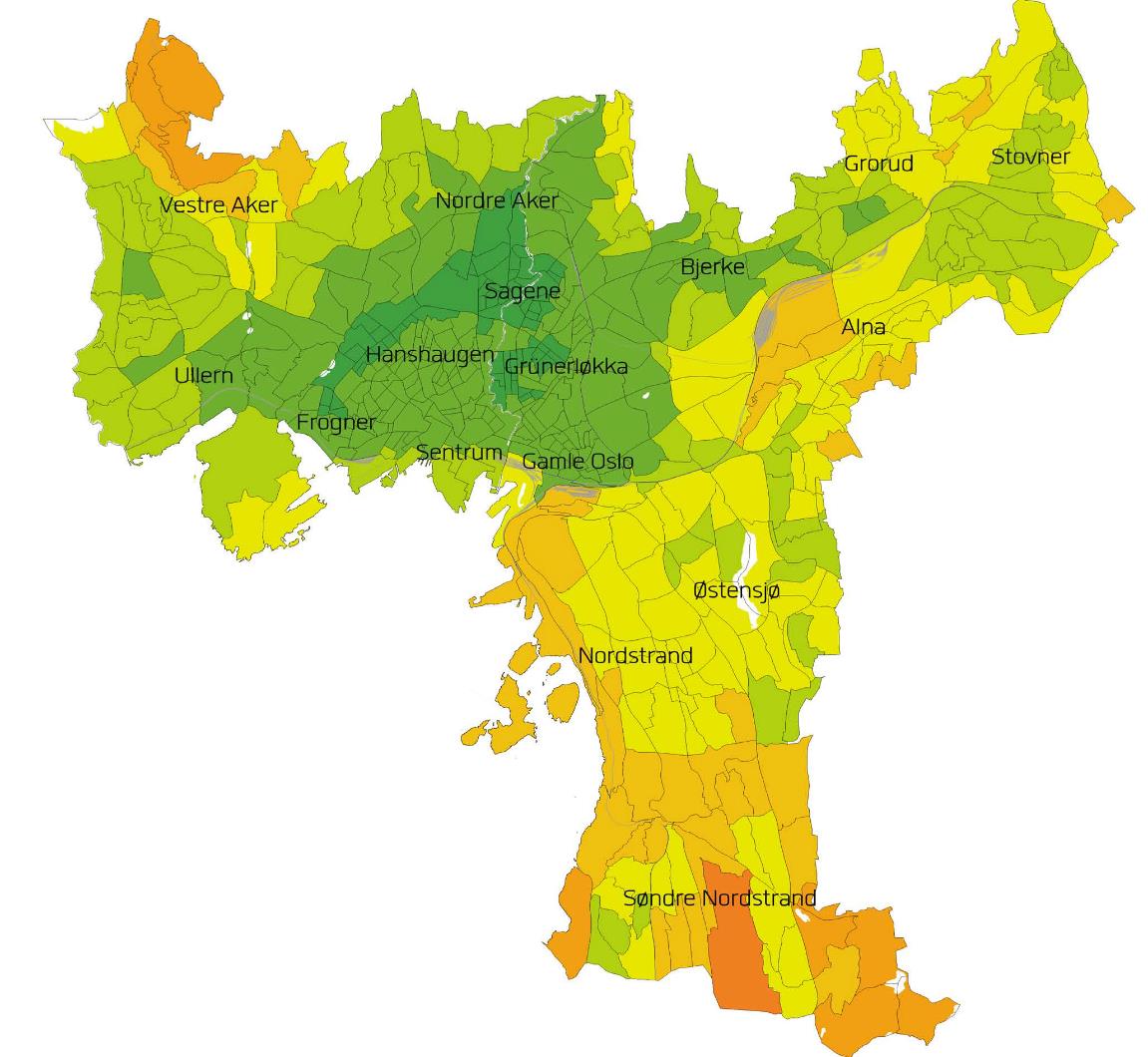 Figur 3.2: Sykkeltilgjengelighet i Oslo (Spaceescape 2014). Oppsummering Oslo har en tett befolkningsstruktur der mange bor og arbeider med relativt korte avstander.