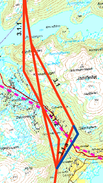 Side 100 Figur 17: Kryssing av Våvatnet og Hardmoen Fra Sæterbakk fortsetter den omsøkte traseen 3.0 på vestsiden av Gagnåsvatnet. Forbi Damtjønna har Statnett også søkt alternativ 3.