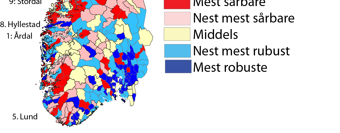 3.13 Variasjoner i sårbarhet i Norge Kartet nedenfor viser variasjoner i næringsmessig sårbarhet i Norge. Figur 31: Sårbarhet i norske kommuner i 2011.