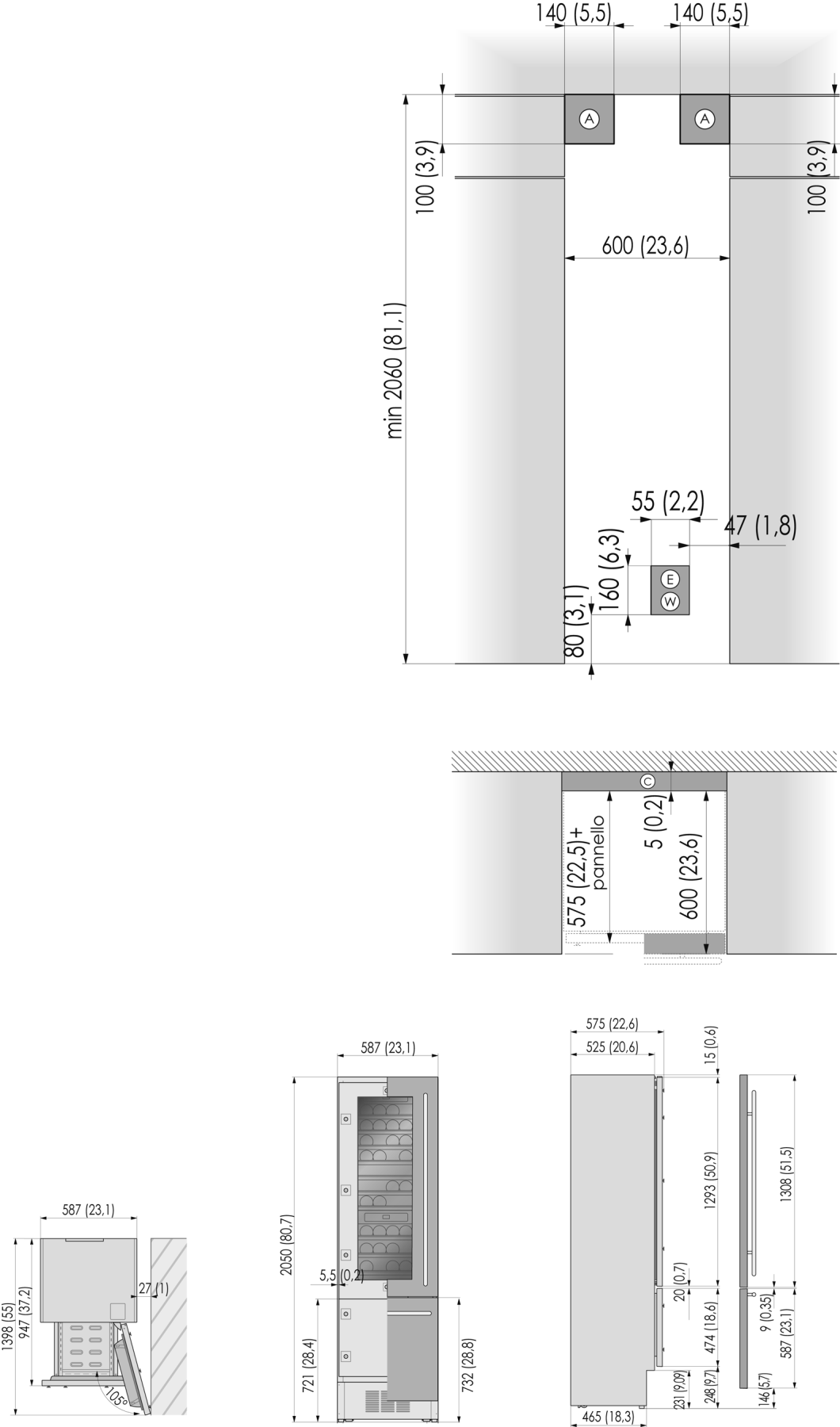 Installasjon Krav til installasjonsplass A: Ledig plass for tippesikringsbraketter. E - W: Ledig plass for strømkabel og vannslange.