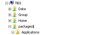 Applikasjoner i SCCM Side 4 av 25 Filshare for kildefiler Source-share Source-filer for programpakkene ligger på Fil01, under share: \\fil01\packages$\applications\ Under denne mappen skal det ligge