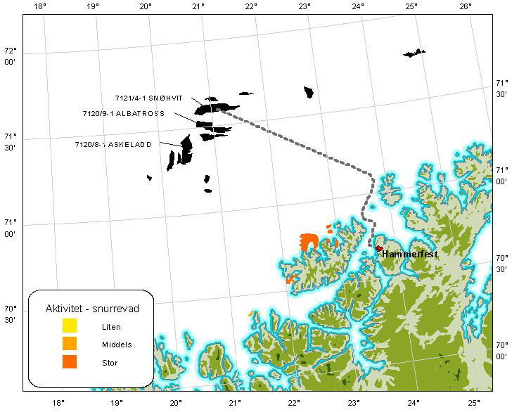 Snøhvit LNG Reketrål Torsketrål Garnfiske Linefiske Seinotfiske Snurrevad Figur 6-3. Aktivitetsnivå for fiske med ulike redskapsgrupper. Etter Norfico (2001)
