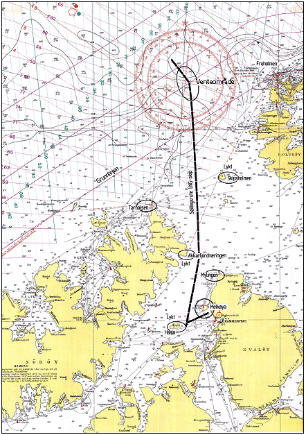 Figur 7-34. Oversiktskart med LNG-skipets seilingsrute og plassering av nye og oppgraderte fyrlykter.
