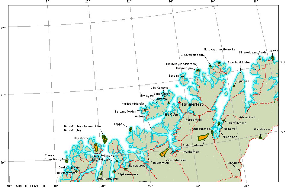 Snøhvit LNG Figur 4-22. Til venstre: Foreslåtte marine verneområder langs kysten av Vest-Finnmark og Troms (etter Brattegaard & Holthe 1995). Til høyre: Etablerte verneområder (etter DN 1995).