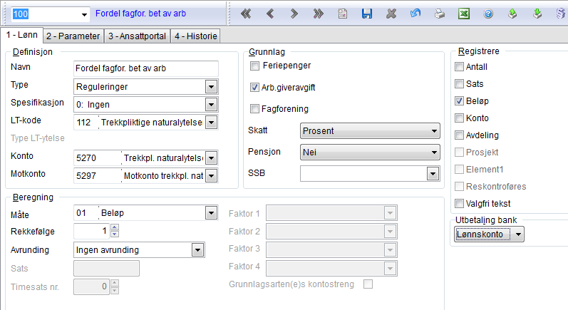 Lønnsarten må ha 112 i feltet LT-kode, Prosent i feltet Skatt og feltet Arbeidsgiveravgift må være merket. 2. Velg oppgaven Periodens lønn Registrere pr. person. 3.