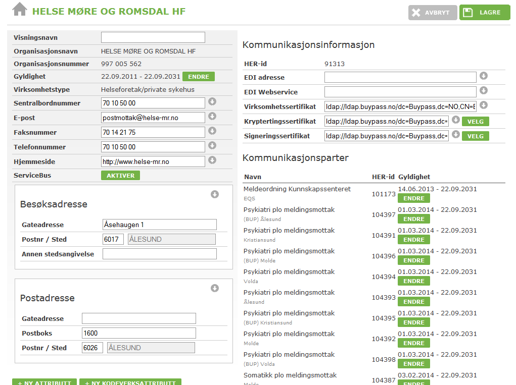 4. Logg ut finnes under menyen Valg, øverst i høyre hjørne. 3.3 Vedlikeholde virksomhetens adresseinformasjon m.m. Etter innlogging kan adresseinformasjon m.m. redigeres.