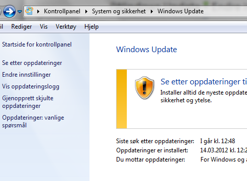 2. Kjør Windows Update/Microsoft Update manuelt og sørg for at alt