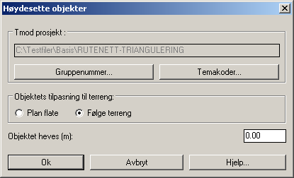 Tast inn for eksempel 20 meter og trykk på OK knappen. Trykk så på 3D-tegn ut og trykk på entertasten eller høyre musetast. Pek på 3D linjen og se at den har fått tett med gripspunkter. 3. Neste skritt er å gi denne linjen terrenghøyder i alle gripspunkter.