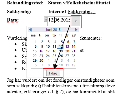 SETTE INN ELLER ENDRE DATO Når du er ferdig med sakkyndig vurderingen så sjekk at det står dagens dato. Datoen kan settes inn ved å klikke på nedtrekkspilen. Enklest er å klikke på «I dag».