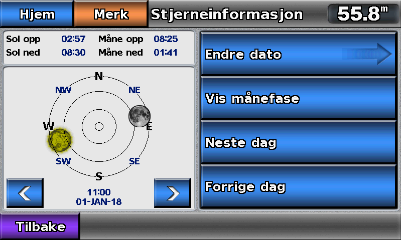 Almanakk-, omgivelses- og om bord-data Stjerneinformasjon Skjermbildet Stjerneinformasjon viser informasjon om soloppgang, solnedgang, måne opp, måne ned, månefase og omtrentlig plassering av sol ➊