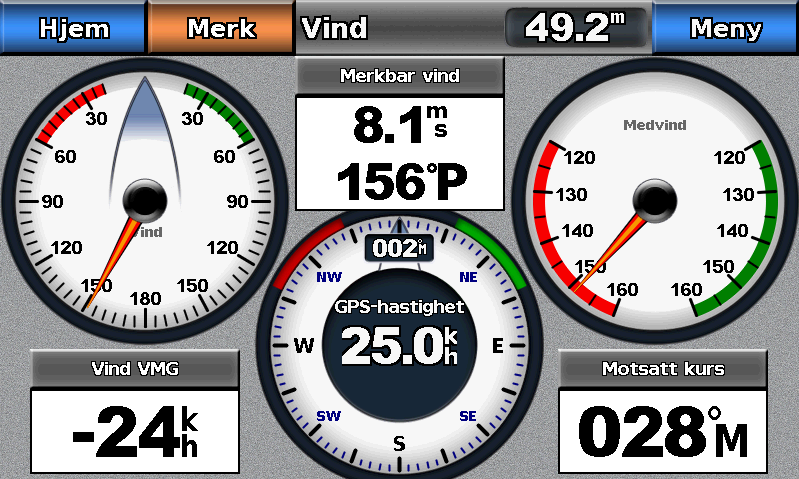 Almanakk-, omgivelses- og om bord-data Tilbakestille turmåleinstrumenter 1. Gå til skjermbildet Hjem, og velg Informasjon > Dashbord-måleinstrumenter > Tur > Meny. 2.