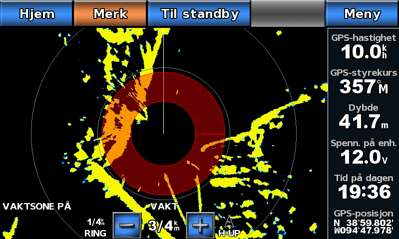 Radar 4. Trykk på plasseringen av det indre vaktsonehjørnet. 5. Velg Ferdig. Definere en sirkulær vaktsone Du må aktivere en vaktsone før du kan definere sonegrensene (side 57).