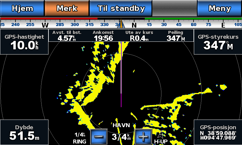 Radar 4. Gjør ett av følgende: Velg Høy, Middels eller Lav for å redusere eller øke visningen av regnstøy hvis du bruker radartypen GMR 20, 21, 40, 41, 18, 18 HD, 24, 24 HD, 404 eller 406.