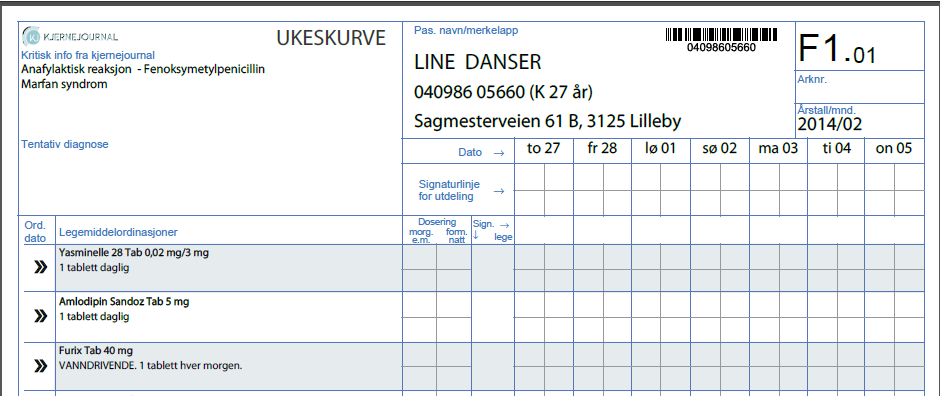 Kurvearket vil automatisk fylle ut personalia og et utvalg av eventuelt registrert kritisk informasjon.