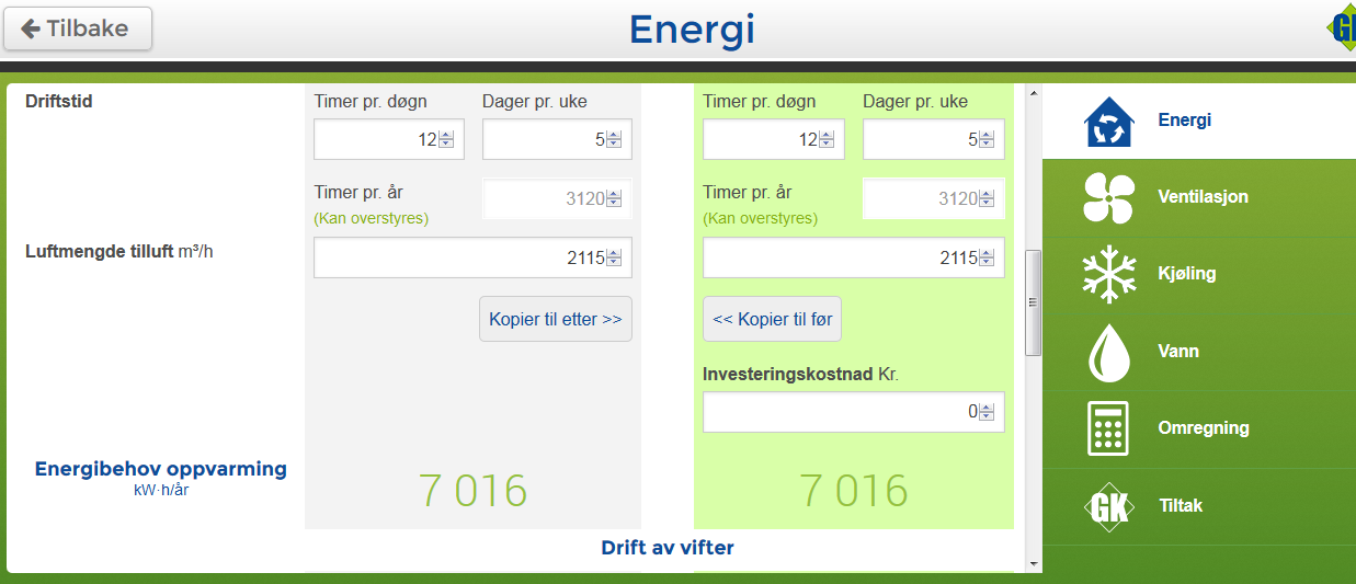 Ventilasjonsvarme og kjøling Figuren under viser utklipp fra GK Norges eget beregningsprogram og hvordan ventilasjonsvarmeforbruket ble definert i oppgaven.