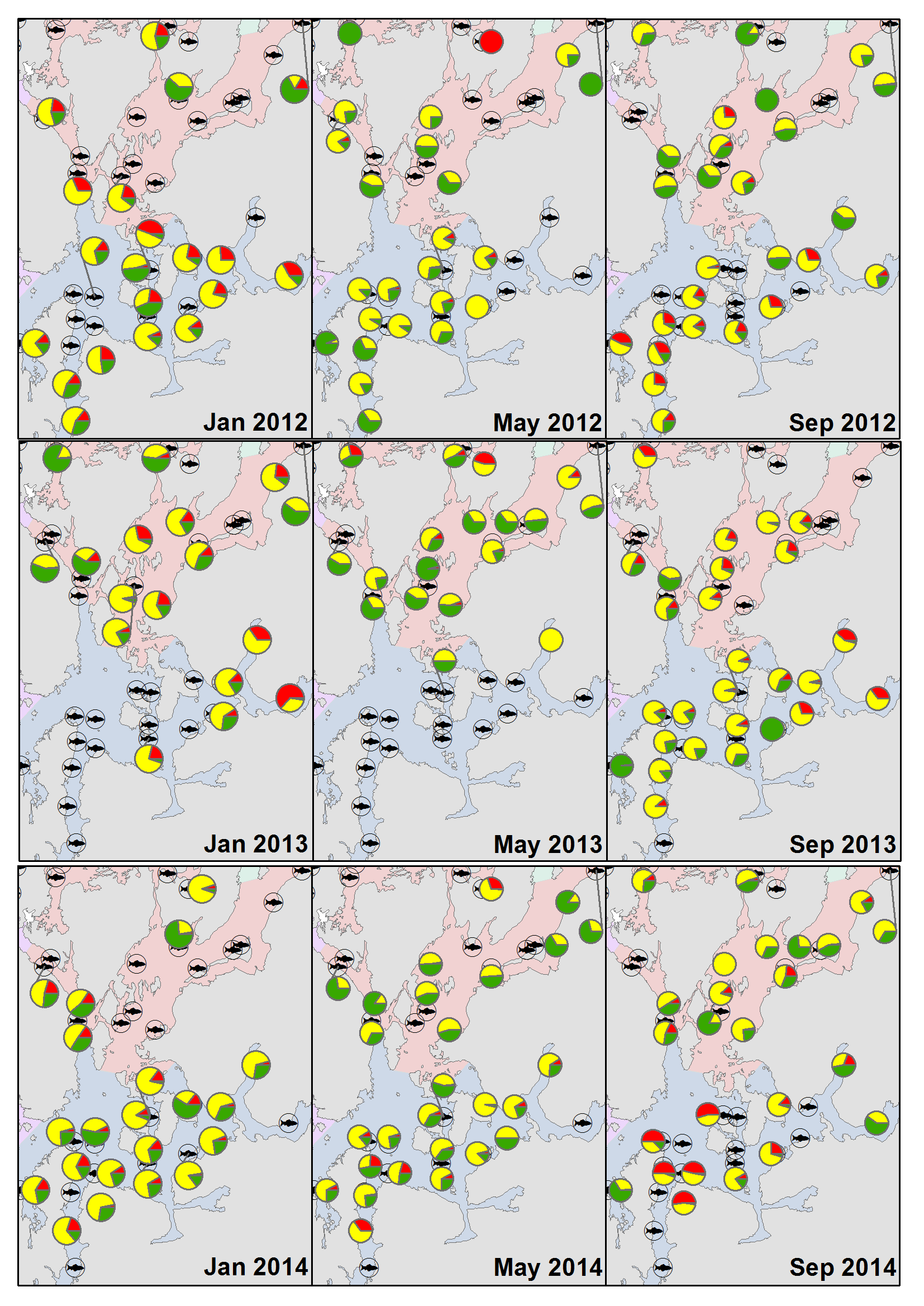 Figur 36: Endringar i fordelinga av lusestadium mellom januar, mai og september i 2012, 2013 og 2014.