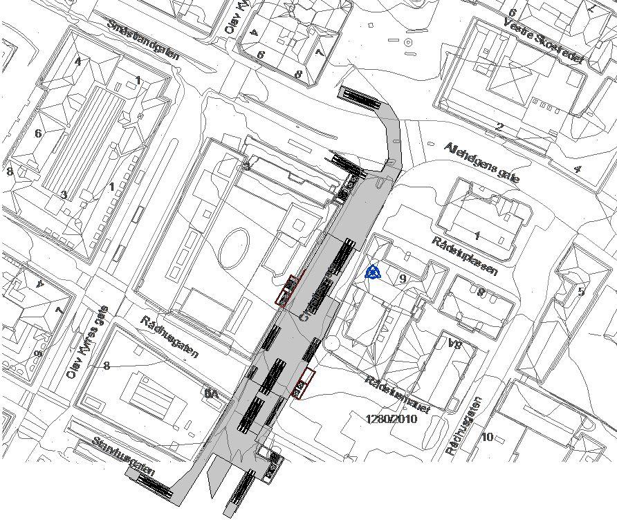 Figur 9: Alternativ 2Aa, plan og profil. Figur 10: Kartutsnitt holdeplass i Christies gate. Område for holdeplass under bakken med fire nedganger er markert med grått.