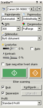 9 Komme i gang med skanningen Skannevinduet viser den enkleste måten å justere skanner-instillinger og starte skanningen samt definere etterbehandlingsprofiler.