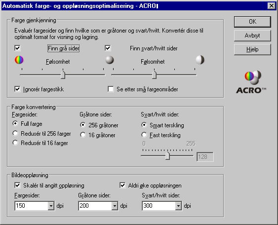 Under Etter skanning, klikk på [Konfigurer...]. Sett opp valgene under Generelt som vist til venstre. Vi foreslår alltid å benytte ACRO automatisk farge og oppløsningsoptimalisering.