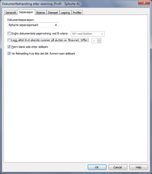 Sett opp valgene under Separasjon som vist til venstre. Velg ephorte separasjonsark. Hvis du legger arkene inn sideveis i skanneren må du velge Endre papirretning slik at strekkodene kommer vannrett.