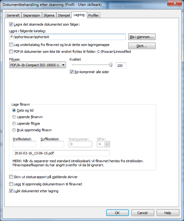 Under arkfanen Lagring velger du katalog og filtype for lagring. Katalog: Angir katalog hvor dokument-ene skal lagres når etterbehandlingen er ferdig.