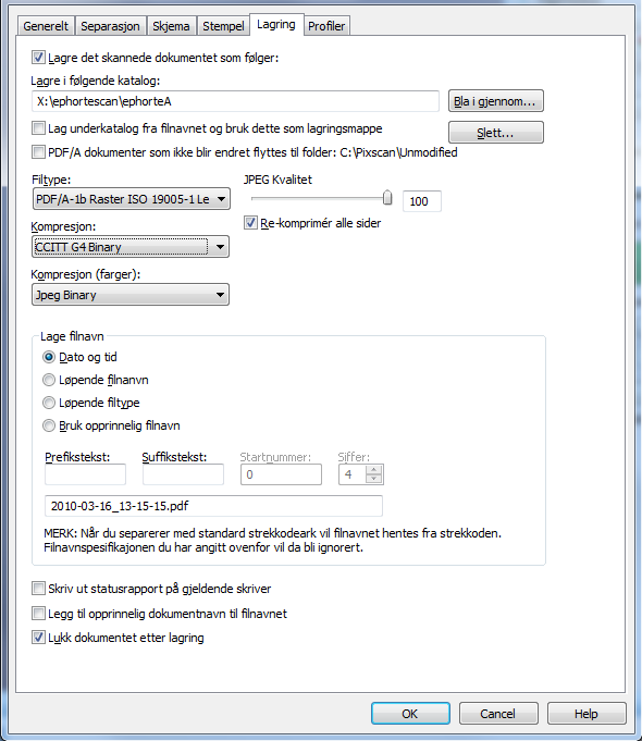 10.6 Profil for teknisk dokumentasjon Dette er en profil man normalt ikke har behov for, men i spesielle tilfeller kan man prøve å lage en profil som lagrer med formatet PDF/A Raster.