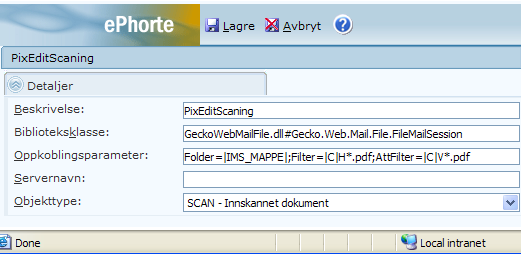 12 Ephorte 12.1 Importsentral - konfigurering Import av dokumenter som er skannet med PixEdit skjer ved bruk av importsentraler i ephorte.