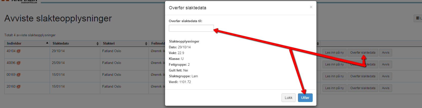 Bruk søket i Besetning, hak av for utmeldt. Alt som står i blå skrift er hurtiglinker som fører deg til Individkort for dyret.