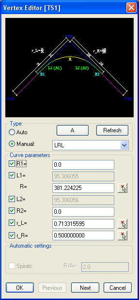 Using the Previous and Next buttons, move among the tangent polygon vertices. Program marks a selected vertex by a red square.