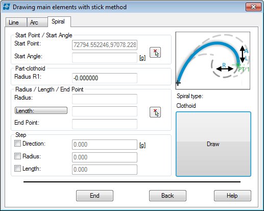 Spiral drawing Spiral is defined three ways. Firstly, by a start point, start angle and end point. Secondly, by start point, start angle, radius and length.