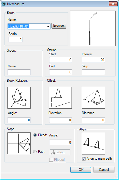 Objekt langs linje (4.2) Kommando: NVCreateFeatureLine Plaserer ut 3D-objekt (f.eks. lysstolper) langs en veglinje. Create new or Edit existing group?