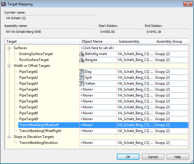Target Mapping i Corridor Properties: ExistingSurfaceTarget velg f.eks. Eksiterende Terreng. Den terrengmodell som VA-grøftens kanter skal gå opp til. RockSurfaceTarget velg f.eks. Bergyta.