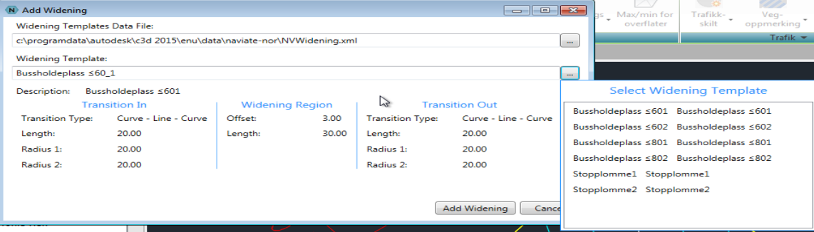 Lage Bussholdeplass (6.1) Lager en bussholdeplass etter en bestemt mal som lagres i NVWidening.xml. Utvidelsen lages i en eksisterende Offset Alignment.