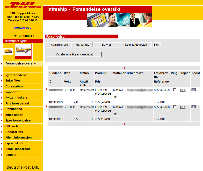 Forsendelse oversikt Her kan du spore dine forsendelser, skrive ut forsendelse papirer, kopierer