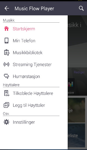 46 Drift Rediger listen over nettdirekteavspillingstjenester Oversikt over sidemenyen 1. Åpne Music Flow Player-appen på smartenheten din. [Startskjerm] vises. 2. Trykk på [Startskjerm]-menyen.