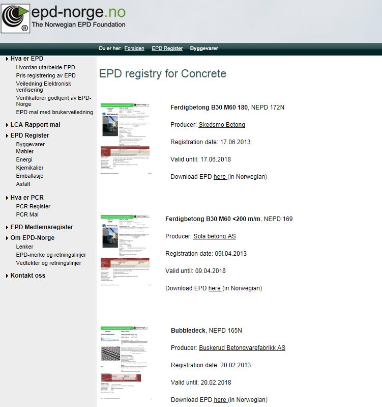 Vi velger oss EPD Ulike betong-epder registrert og
