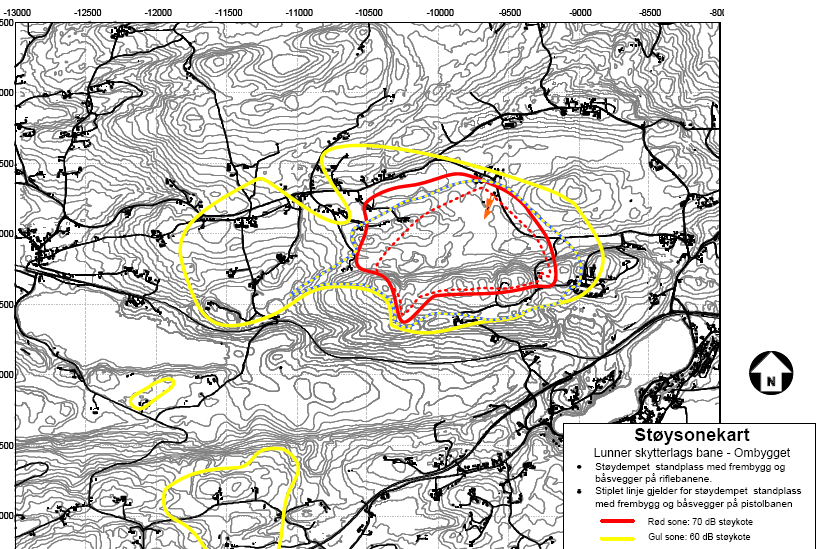 Ytterligere støydemping av banen ved at standplass til pistolbanen oppgraderes, medfører at kun en bolig blir liggende innenfor rød støysone for pistobanen mens ca.