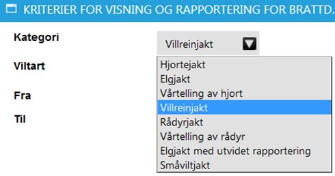 Visning av kvote, avskytning og bestandsindekser Valg av viltart og tidsperiode I boksen øverst til venstre på siden vises hvilket område, hvilken viltart og hvilken tidsperiode som gjelder.