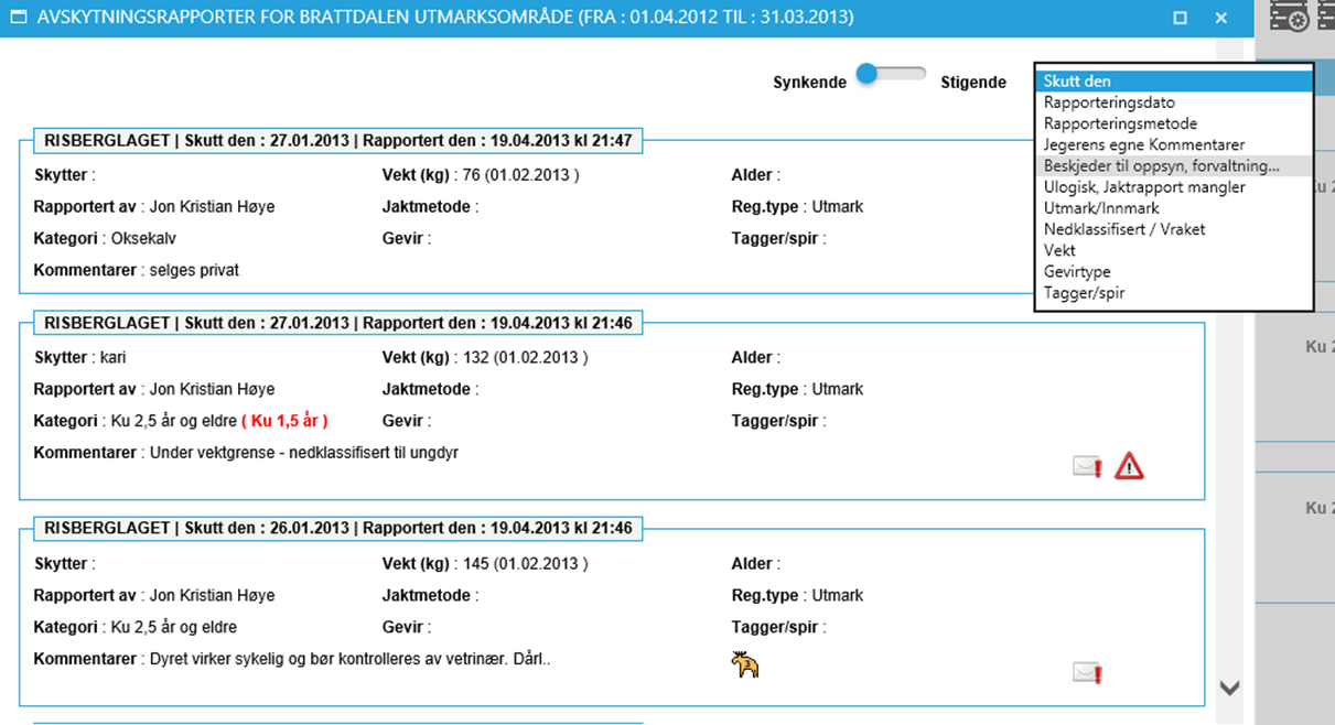 Man kan også se på rapporter ved å klikke på «Se på de siste rapportene». Man får da opp alle rapporter innenfor den enheten man står i når man velger.