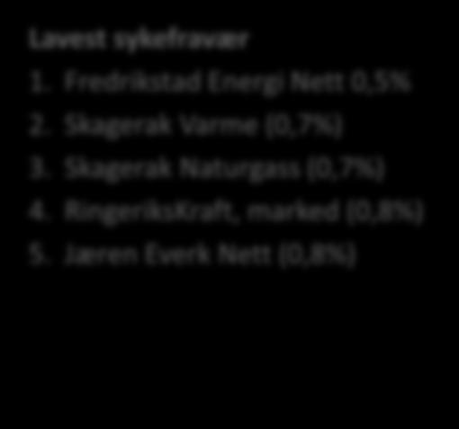 Totalt sykefravær gjennomsnitt per år Prosent 10 Arbeidslivet for øvrig (SSB) Energi Norge Lavest sykefravær 1. Fredrikstad Energi Nett 0,5% 2.