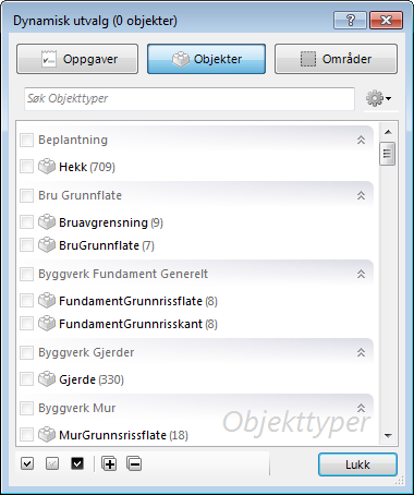 4. Pek på knappen Oppgaver og huk av for oppgaven Import Kartgrunnlag.SOS Dialogen ser nå slik ut: 5. Pek på knappen Objekter.