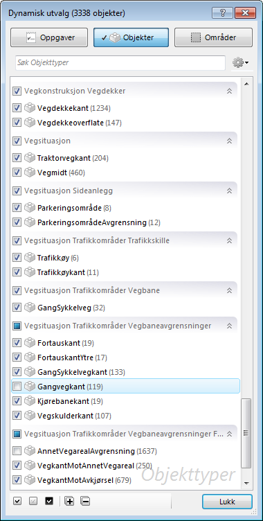 6. Gå gjennom alle objekttypegrupper og marker de som skal være med. Under vises eksempel på objekttyper fra ulike veg objekttypegrupper for veg. NB!