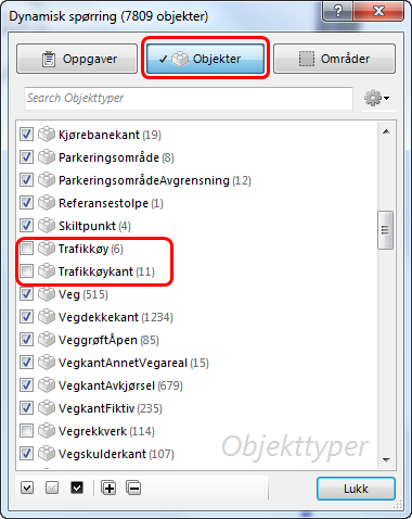 8. Beveg deg nedover i listen til du finner de objektene du ikke skal bruke, i dette tilfellet Trafikkøy og Trafikkøykant. Ta vekk haken på disse og trykk på Lukk knappen. 9.