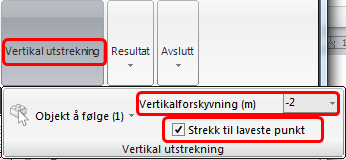 Trykk på Lukk knappen. Pek på pilen for Vertikal utstrekning igjen og fyll ut slik som vist: Alle bygninger vil nå strekkes fra takhøyde og 2 meter under terrengoverflaten (for å simulere kjeller).