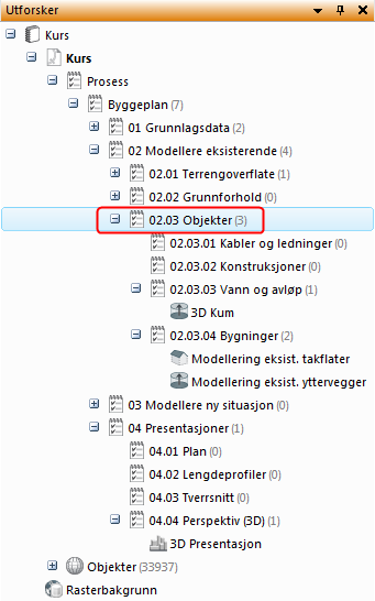 Hekker 1. Pek på Hekk i listen over objekter, og trykk på høyre musetast og velg Vis i 3D. Alle hekker vises nå i 3D.