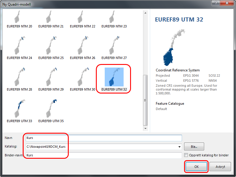 Denne dialogen kommer opp: Her får du opp alle koordinatsystemer for Norge.