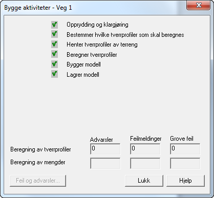 4. Velg Modell og Bygg. Trykk på Bygg knappen. Gjør eventuell endringer i terrenget slik at beregningen blir feilfri. Trykk på Lukk knappen. 5.