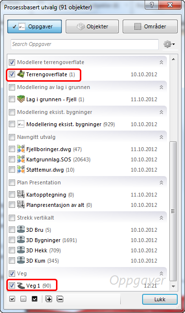 Ta vekk markeringen for Velg alt, og pek på knappen Oppgaver. Marker Terrengoverflate og Veg 1.