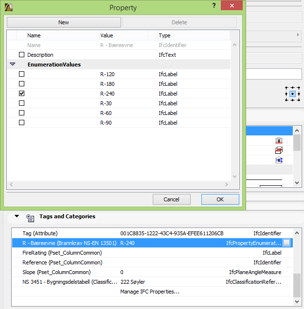 13 Som Ifc-verdi valgte jeg «IfcLabel» i feltene hvor verdiene skal fylles inn da det fungerte bra mot Solibri.